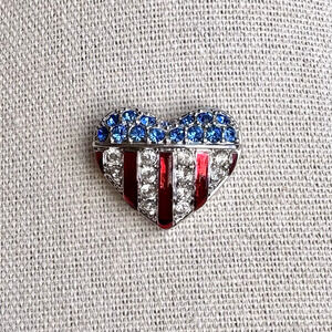 Swarovski Crystals Patriotic Lapel Pin Brooch American HEART Flag Enamel Silver